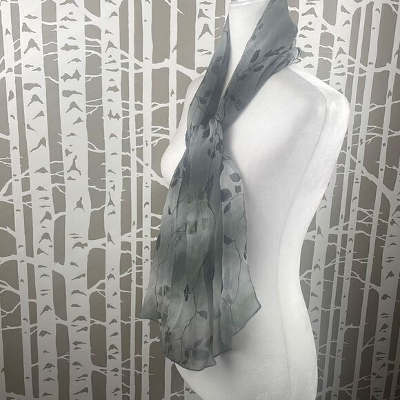 Cejon Sheer Silk Rectangular Scarf Branches Leaves Print - Picture 2 of 7
